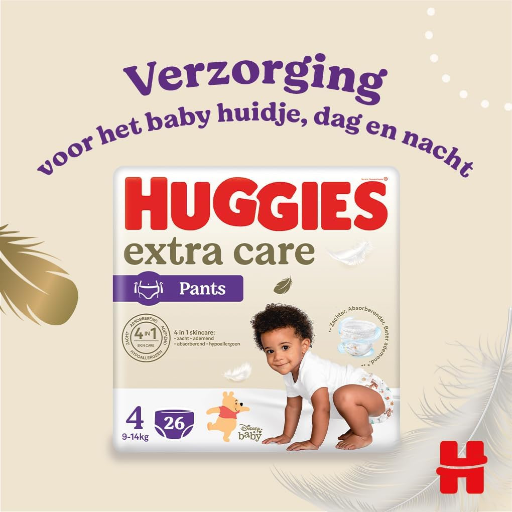 Pañales Huggies Extra Care Talla 4 (9-14 kg), 4 paquetes de 26 pañales - 4280 g