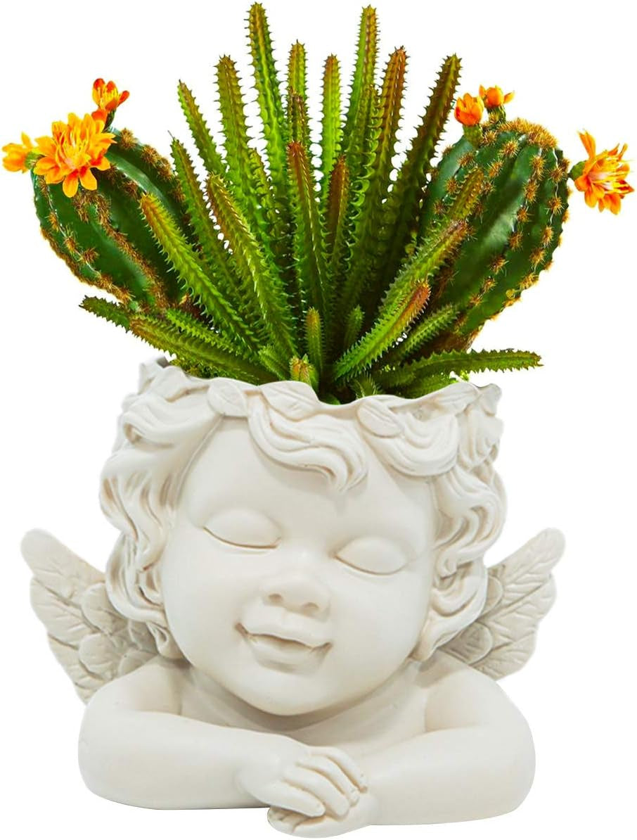 Maceta montada en pared y superficie plana, 20 cm de altura, cabeza de ángel, soporte de pared para flores, florero, cara de muñeca, maceta de resina, mesa, macetas