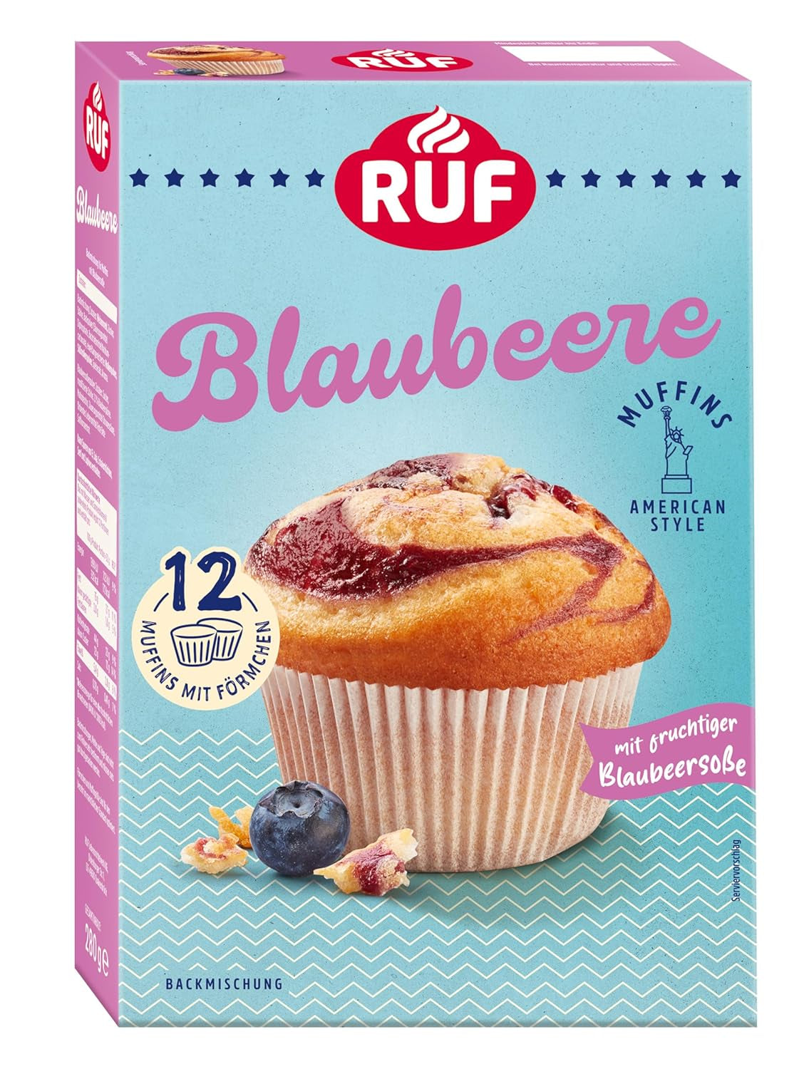 RUF Cheesecake-Muffins Backmischung, American Style Muffins Mit Cremiger Füllung, Einfache Zubereitung, 12 Muffin-Förmchen Inklusive Naty Shop Blaubeere 280 G (paquete 1)
