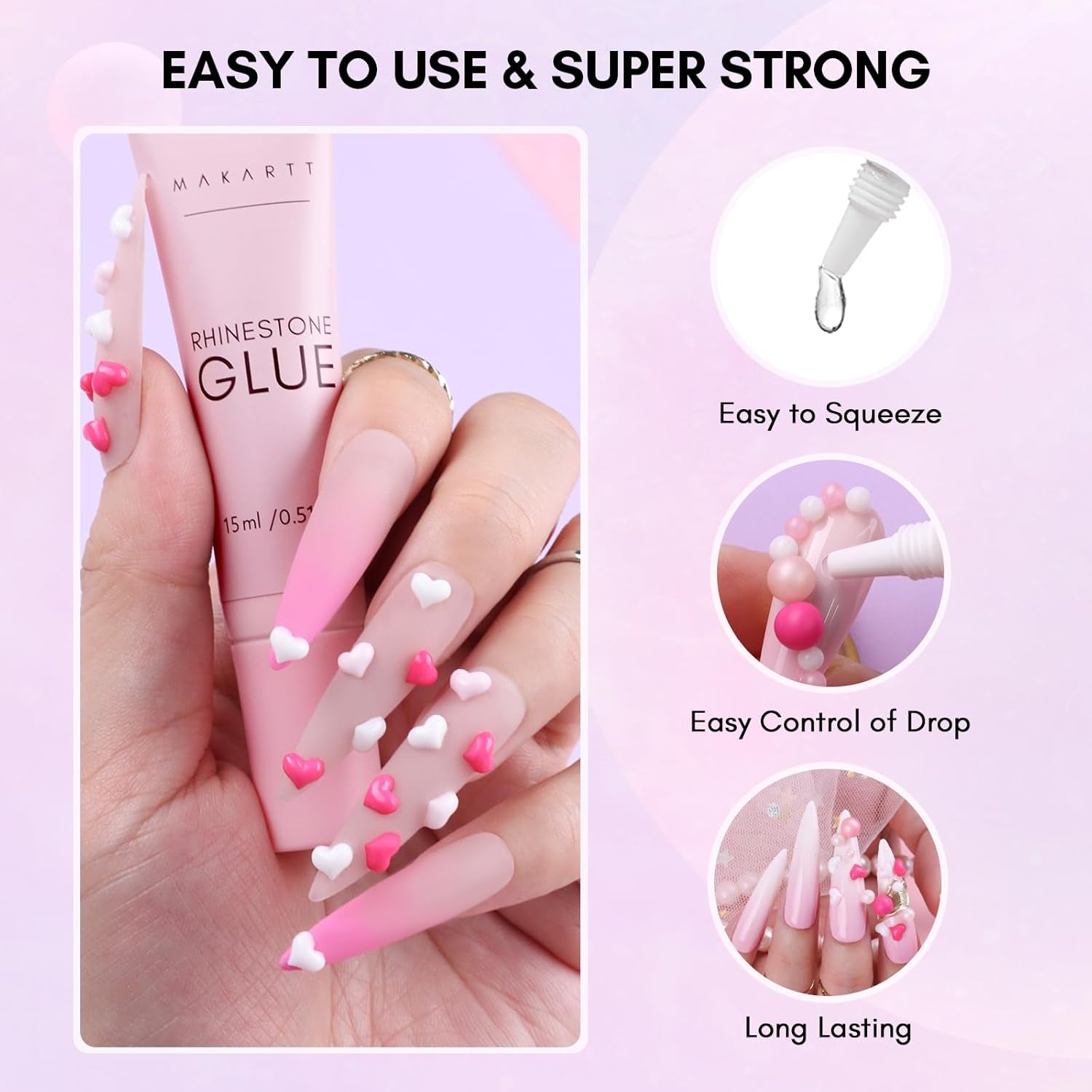 Makartt Gel Adhesivo de Diamantes de Imitación - Juego de Pegamento de Uñas UV de 15 ml con Dijes de Uñas Rosas, Joyería de Uñas con Círculo de Corazón y Accesorios de Diseño de Uñas para Manicura en el Hogar, Regalo del Día de San Valentín