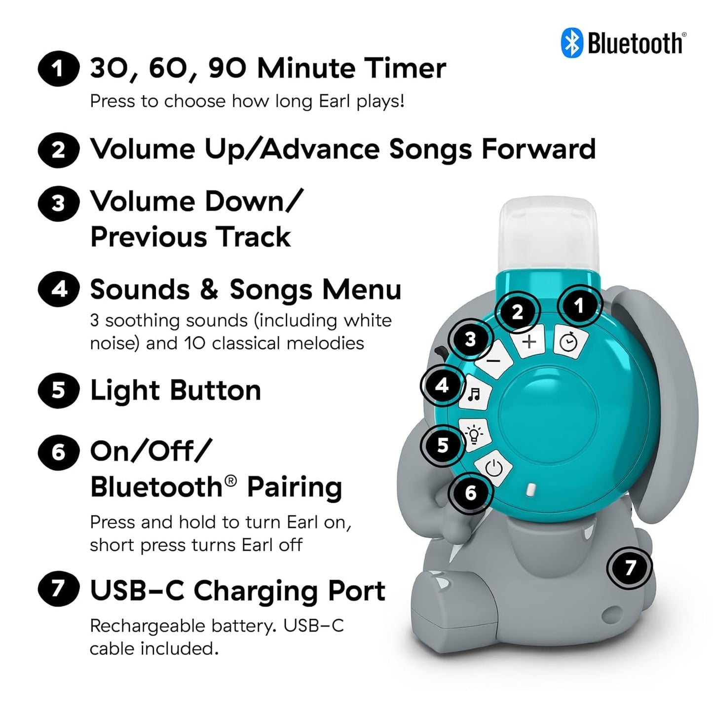 Baby Einstein Earl the Elephant Máquina de Sonido Bluetooth, Sistema de Música + Luz Nocturna, Juguetes para Bebés y Niños Pequeños Tienda Bebe Naty