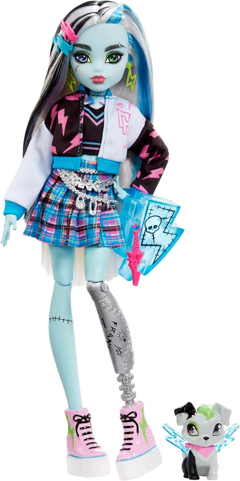 Muñeca Monster High Frankie Stone con Chaqueta Vaquera y Pantalones Cortos, Incluye Perro Watzie y Accesorios como Mochila, Merienda y Cuaderno, HXH73 Naty Shop Muñecas Moda Electrizante