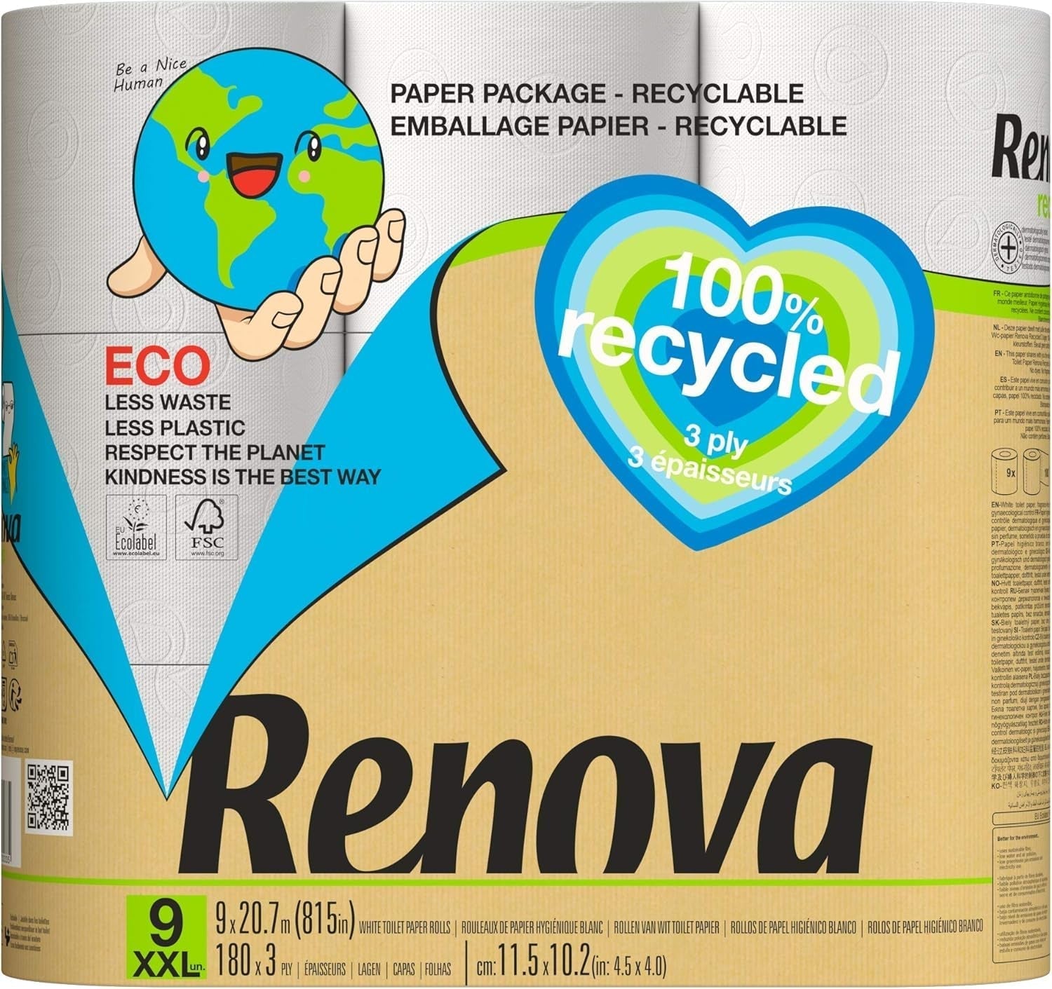 Renova Papel higiénico 100% RECICLADO 9 rollos, blanco, normal