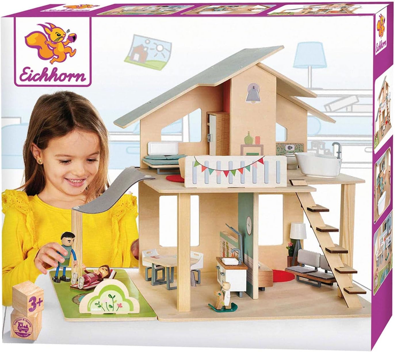 Eichhorn - Casa de muñecas con accesorios - incl. mueble y 3 figuras, sin montar, madera, 25 piezas, 53x36x44 cm, a partir de tres años