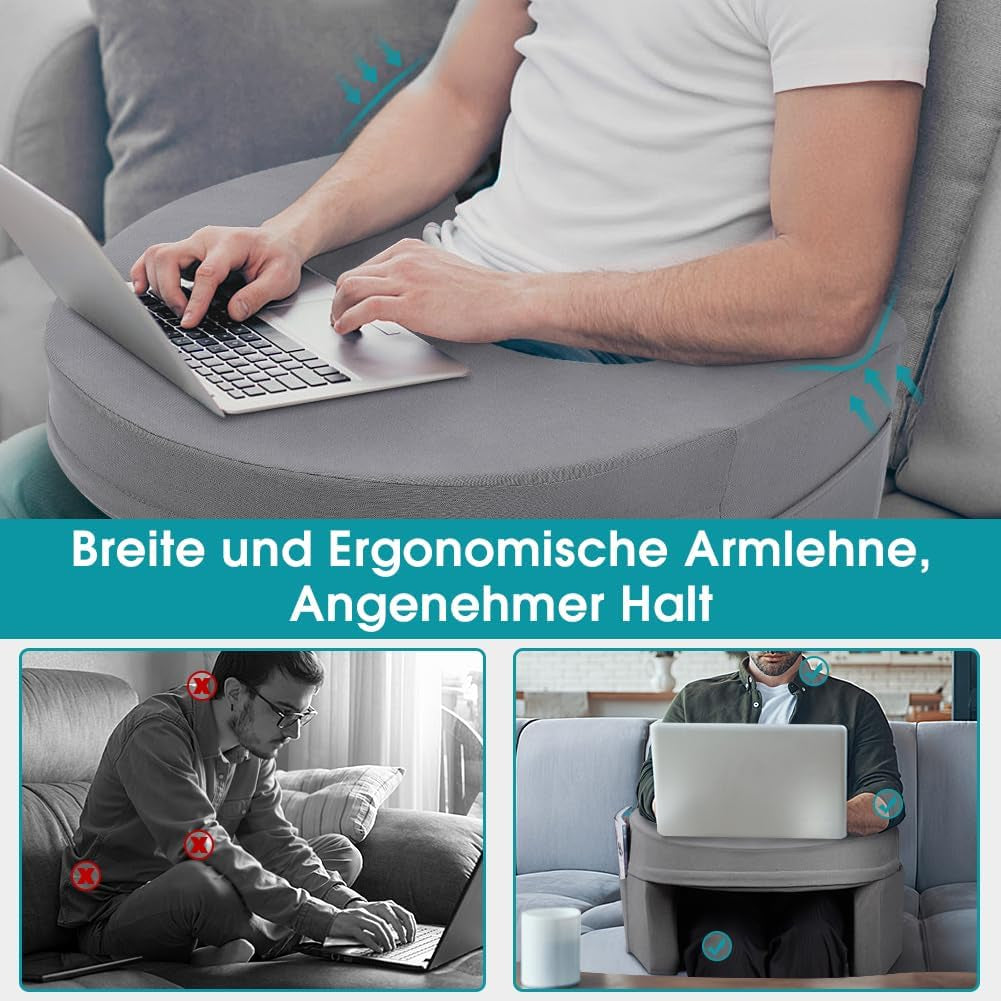Almohada de lectura para cama y sofá, almohada para juegos, almohada para computadora portátil, almohada para juegos con brazos y bolsillo lateral, para adultos jugando, leyendo, viendo televisión, jugando en el sofá