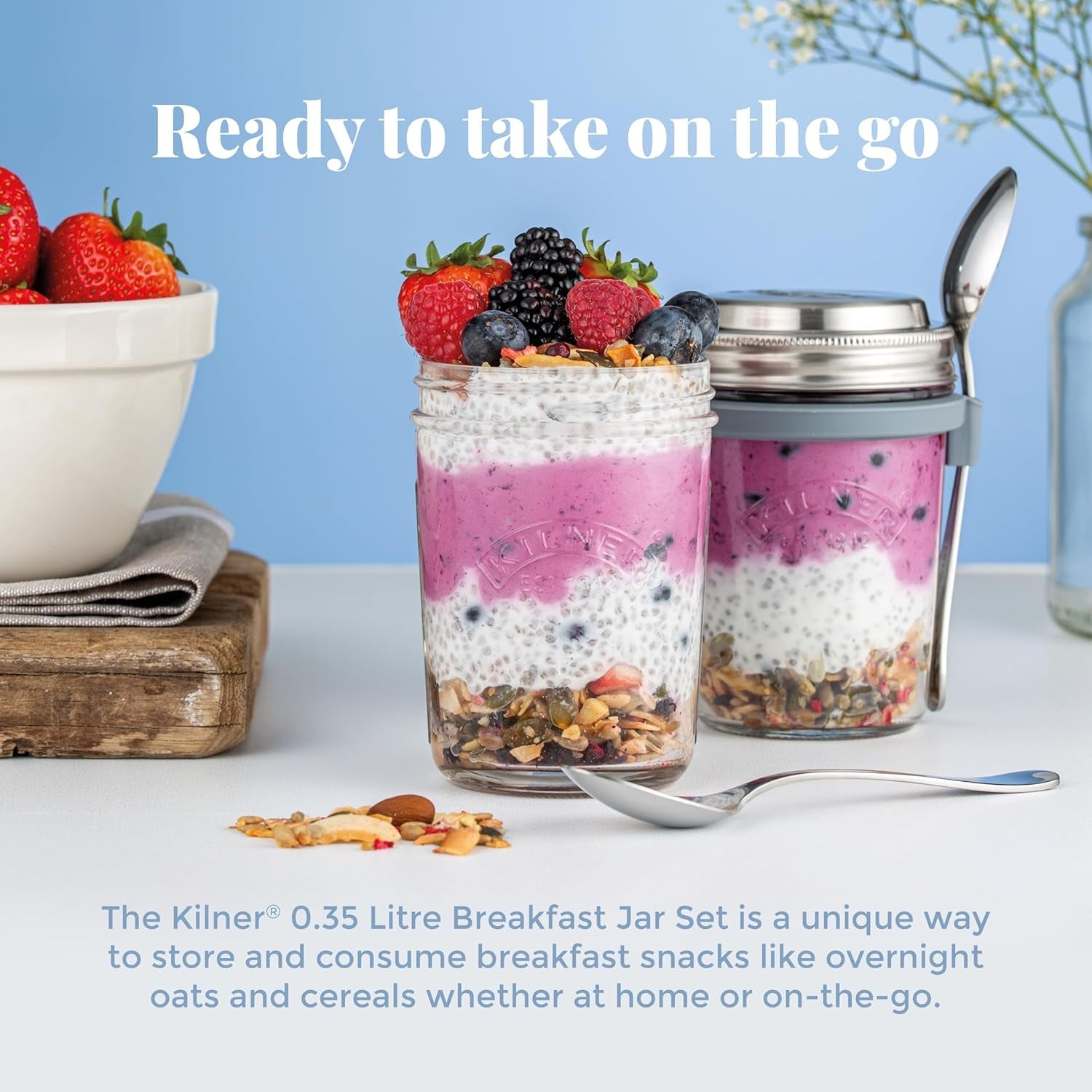 Tarro de desayuno Kilner con cuchara / 350 ml, Ø 9,5 cm / 5 piezas | vaso de muesli para llevar / no tóxico / recipiente de vidrio con tapa para muesli, gachas y yogur / recipiente para avena durante la noche Naty Shop Food Storage Boxes