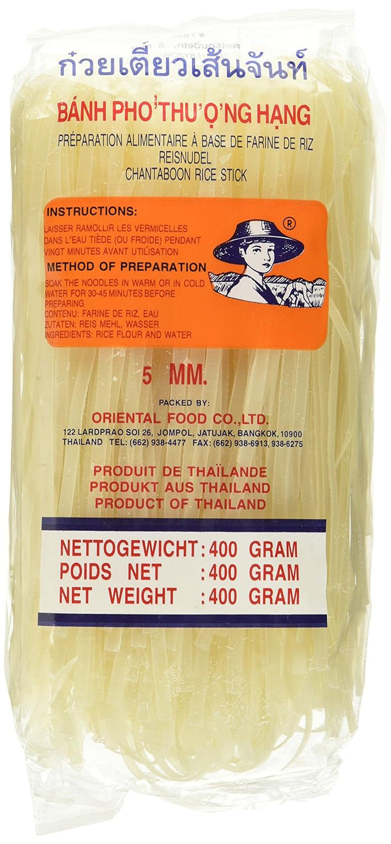 Fideos de arroz - tailandeses, fideos de cinta de arroz de 5 mm de ancho, hechos con harina de arroz - 17 x 400 g