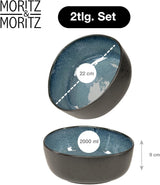 Moritz & Moritz ORGANIC Juego de cuencos para servir, azul - 2 cuencos grandes de gres de alta calidad, modernos y atemporales, aptos para microondas y lavavajillas - perfectos para ensaladas, pastas, snacks y más