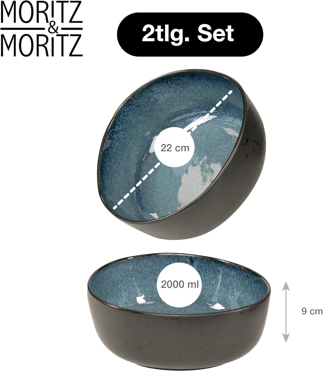 Moritz & Moritz ORGANIC Juego de cuencos para servir, azul - 2 cuencos grandes de gres de alta calidad, modernos y atemporales, aptos para microondas y lavavajillas - perfectos para ensaladas, pastas, snacks y más