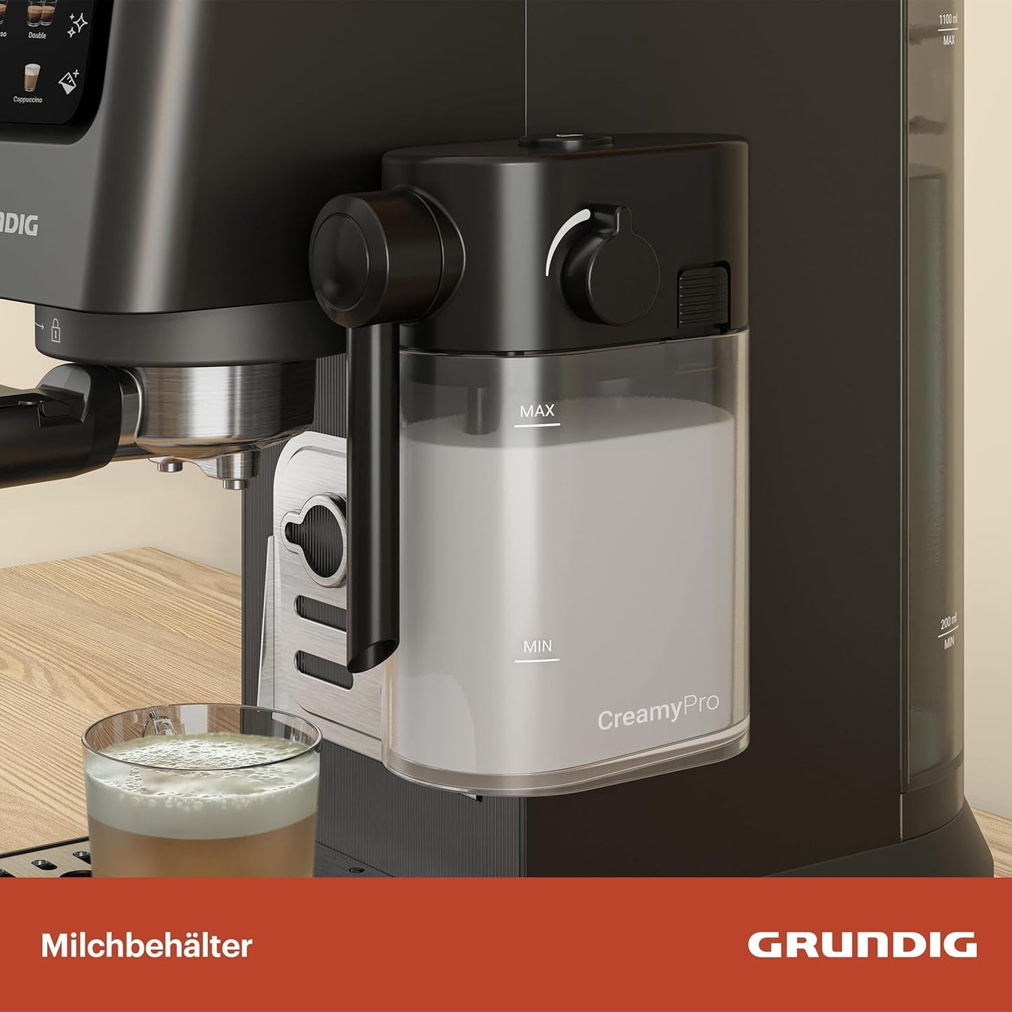 Cafetera espresso con portafiltro GRUNDIG KSM 5330 con depósito de leche integrado, potencia 1628 W, presión de bomba 15 bar, doble boquilla, pantalla táctil a color, BrewSense, CreamyPro, Acero inoxidable oscuro/Negro