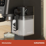 Cafetera espresso con portafiltro GRUNDIG KSM 5330 con depósito de leche integrado, potencia 1628 W, presión de bomba 15 bar, doble boquilla, pantalla táctil a color, BrewSense, CreamyPro, Acero inoxidable oscuro/Negro