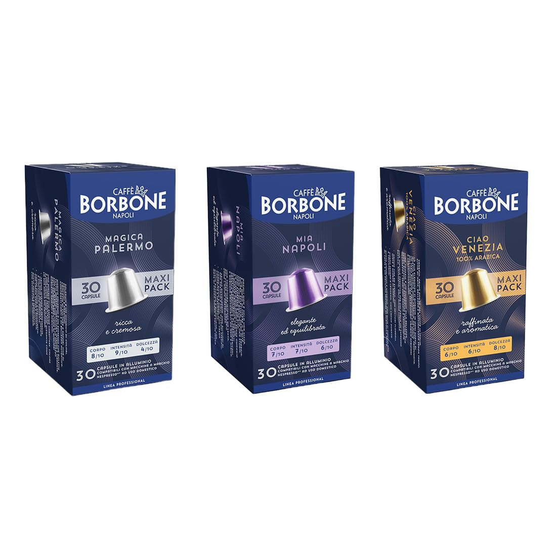 Caffè Borbone Verkostung Kit, 90 Cápsulas de Aluminio: 30 Mia Napoli, 30 Ciao Venezia, 30 Magica Palermo, (3 x 30 Stück) – Compatible con Kaffeemaschinen für den Hausgebrauch de la marca Nespresso®*