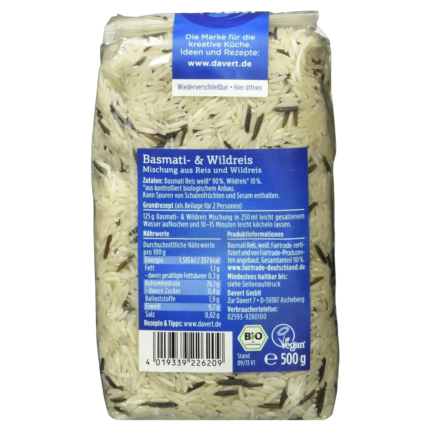 Davert Mezcla de arroz basmati y salvaje, orgánica, 500 g