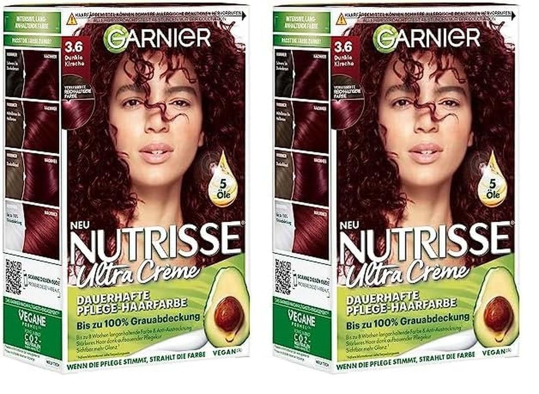 Garnier Nutrisse Color de cabello de cuidado permanente con aceites de frutas nutritivos, duración de 8 semanas, tinte ultracrema, 036 cereza negra (paquete de 2) Naty Shop Color de cabello Título predeterminado