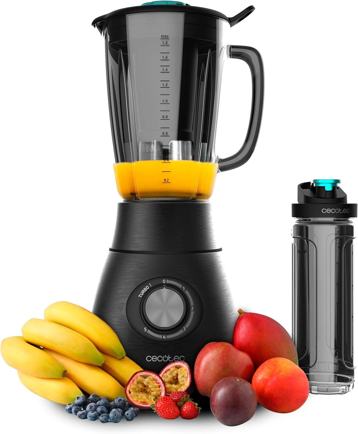 Cecotec Batidora de Pie Power Black Titanium 2200MAX Smooth, 2200 W Máxima Leistung, 6 Klingen Aus Edelstahl, Función Ice-Crush, Función Turbo y Smoothie, Función Autoclean Cocina Naty Shop Schwarz 2500 W | 1,8 L + sorteo de botella