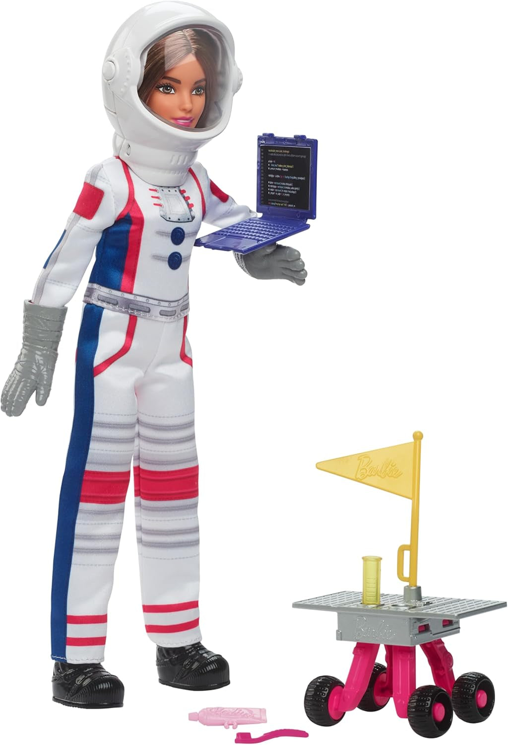 Muñeca Barbie de 65.º cumpleaños y 10 accesorios, juego de astronauta de muñeca morena, vehículo móvil con ruedas, casco espacial con visera cambiante y más, HRG45
