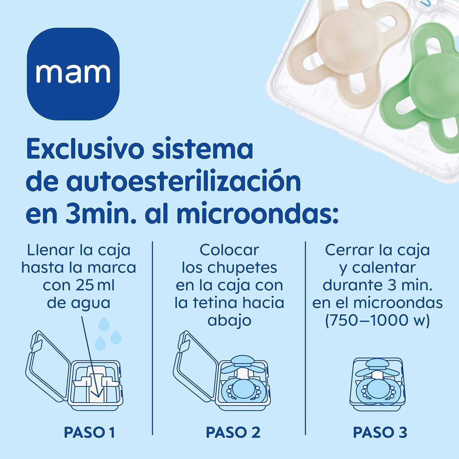 Chupete MAM a partir de 6 meses con tetina simétrica, plano y flexible, silicona suave, fácil de usar, con caja autoesterilizable, Original, Celeste, 2 piezas