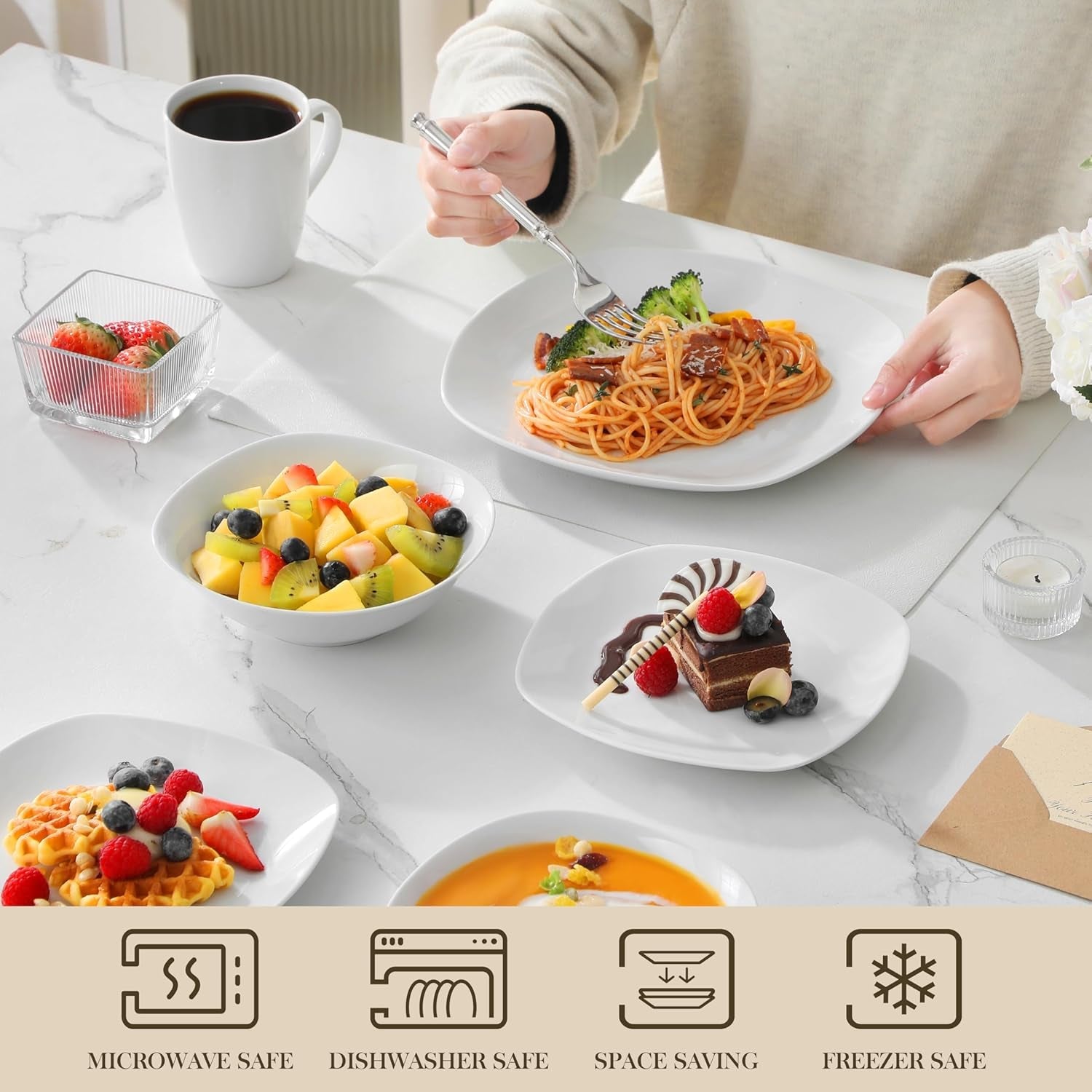 MALACASA Vajilla para 4, Vajilla de Porcelana Blanca de 16 Piezas, Vajilla Moderna con 4 Platos Llanos, Platos de Postre, Platos y Tazas Suma, Serie ELISA