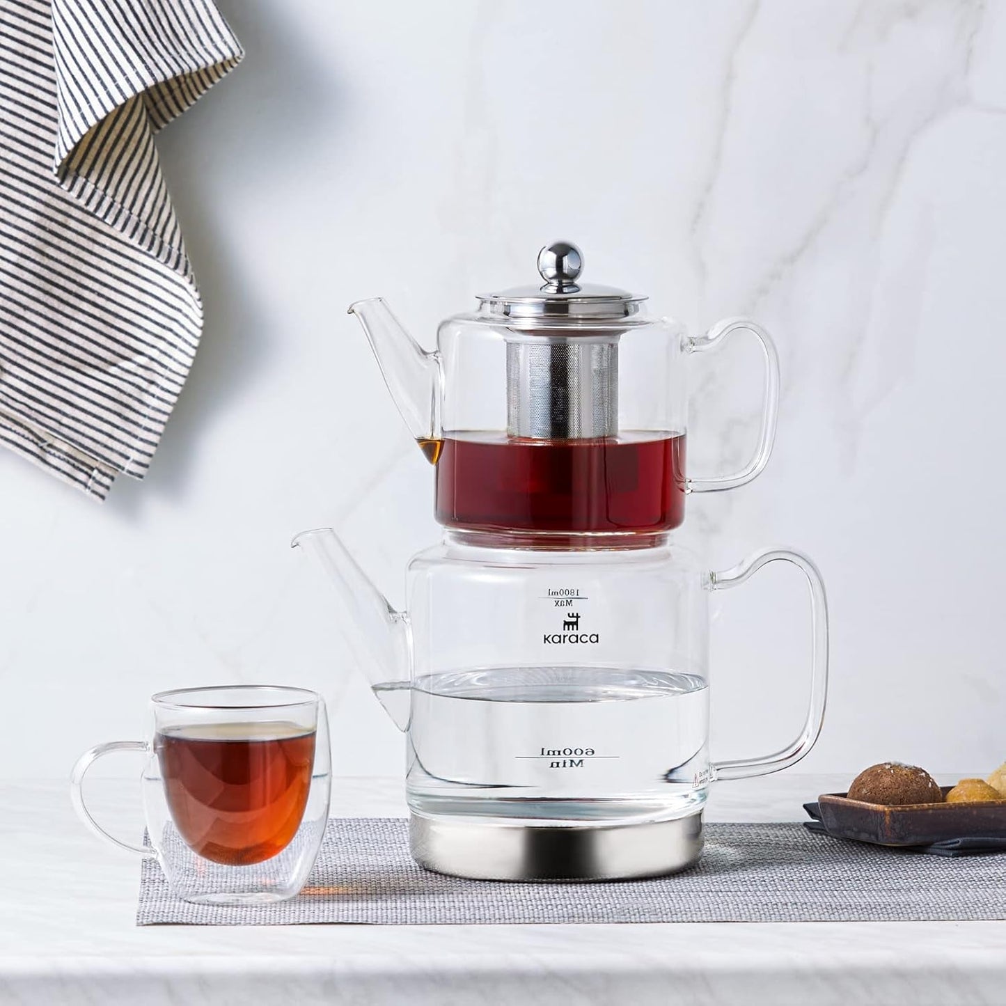 Karaca Dora Juego de tetera de vidrio de borosilicato con infusor de té de acero inoxidable, tetera de 2 litros y tetera de vidrio de 1 litro con infusor, tetera turca, Caydanlik, tetera de hierbas turca, té suelto, XL