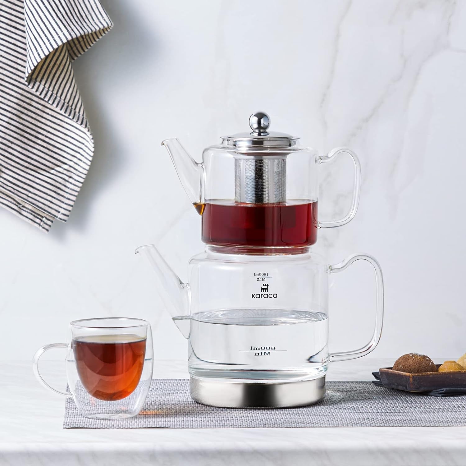 Karaca Dora Juego de tetera de vidrio de borosilicato con infusor de té de acero inoxidable, tetera de 2 litros y tetera de vidrio de 1 litro con infusor, tetera turca, Caydanlik, tetera de hierbas turca, té suelto, XL