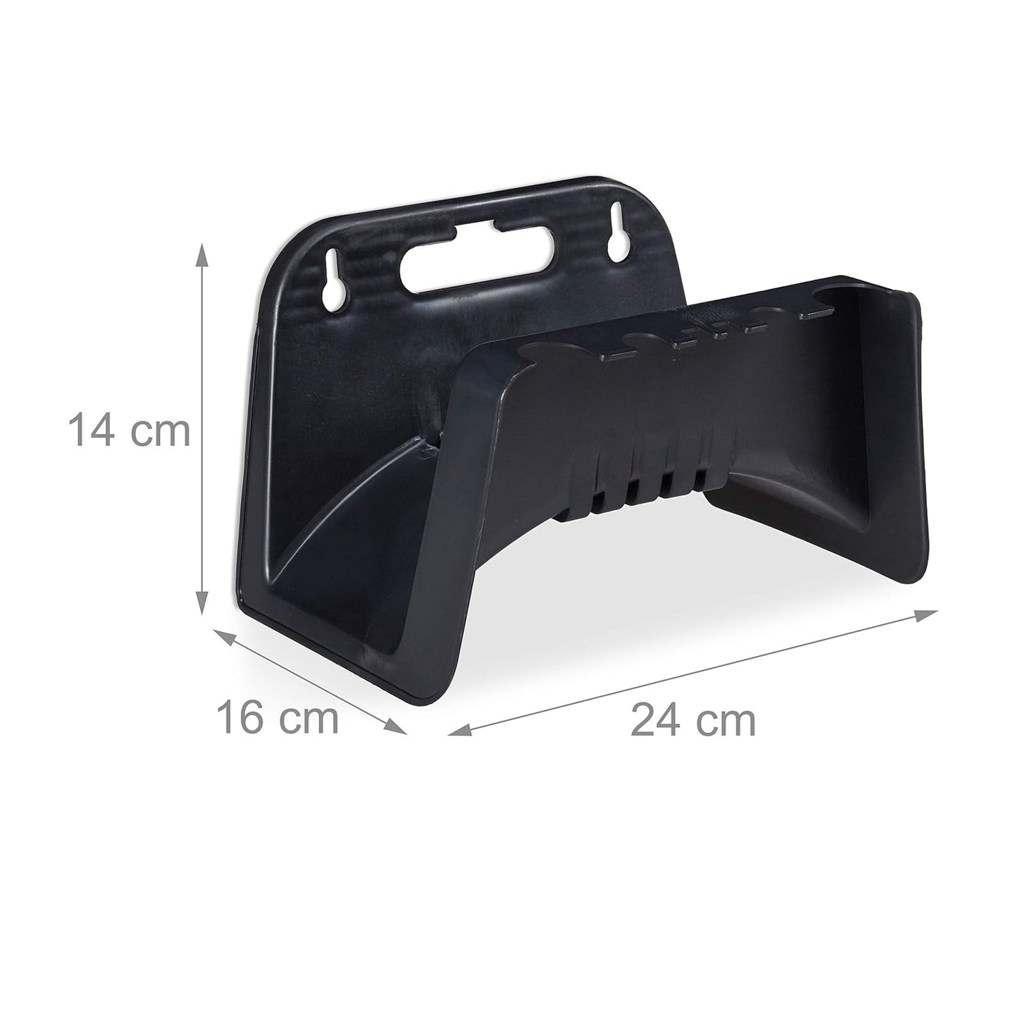 Relaxdays Soporte para Manguera, Soporte para Manguera de Pared de Plástico, Colgador para Manguera de Jardín, Altura 14 x 24 x 16 cm, Negro
