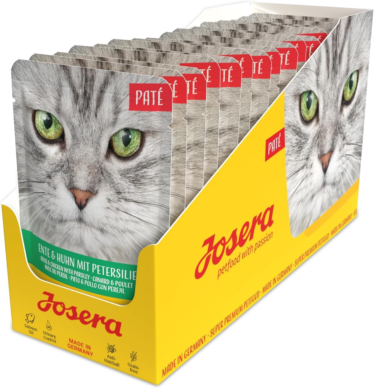 JOSERA Paté de pato y pollo con perejil (16 x 85 g) | Adulto | Comida húmeda premium para gatos adultos | Paté de pato y pollo | Aceite de salmón | Sin cereales | Comida húmeda para gatos en sobres frescos | Paquete de 16