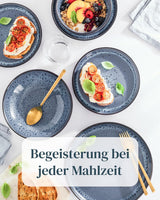 Vajilla para 6 personas de gres cerámico de 18 piezas, diseño Ibiza, GANADORA DE LA PRUEBA. Precioso juego de vajilla mediterránea de gres cerámico que incluye cuencos y platos. Juego de vajilla Pure Living en color azul ahumado.