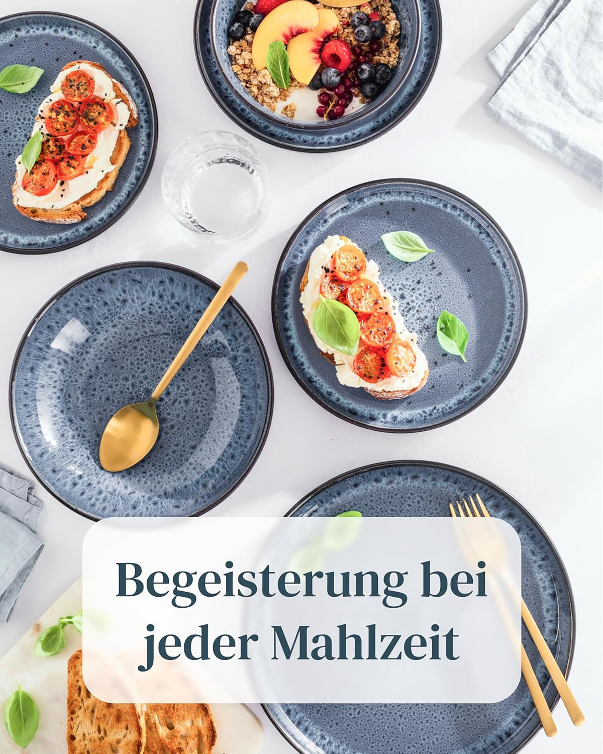 Vajilla para 6 personas de gres cerámico de 18 piezas, diseño Ibiza, GANADORA DE LA PRUEBA. Precioso juego de vajilla mediterránea de gres cerámico que incluye cuencos y platos. Juego de vajilla Pure Living en color azul ahumado.