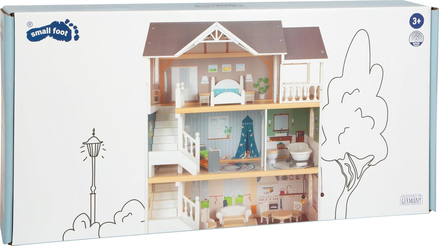 Small Foot Casa de muñecas de madera de 3 pisos con frente abierto y 12 muebles para edades de 3 años en adelante 11802 Blanco Gris