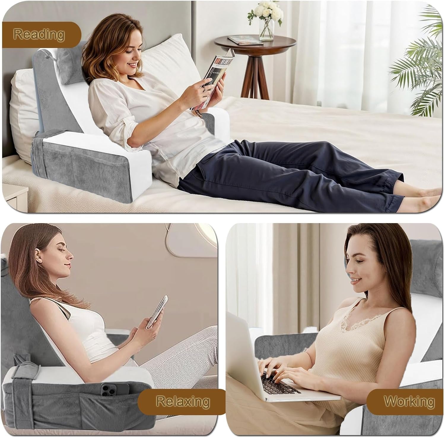 Almohada de lectura grande para cama y sofá, almohada de espalda para adultos con soporte para el cuello y reposabrazos, almohada de respaldo ergonómica con bolsillo y funda lavable para descansar, leer, mirar televisión (WH)