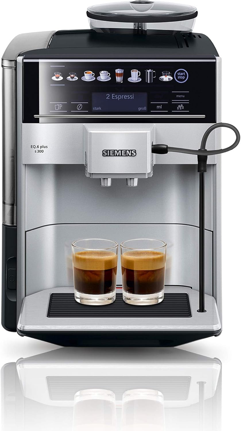 Cafetera espresso automática Siemens EQ.6 plus s300 TE653501DE, para muchas especialidades de café, espumador de leche, molinillo cerámico, doble función de café, antical, limpieza automática a vapor, 1500 W, plateada