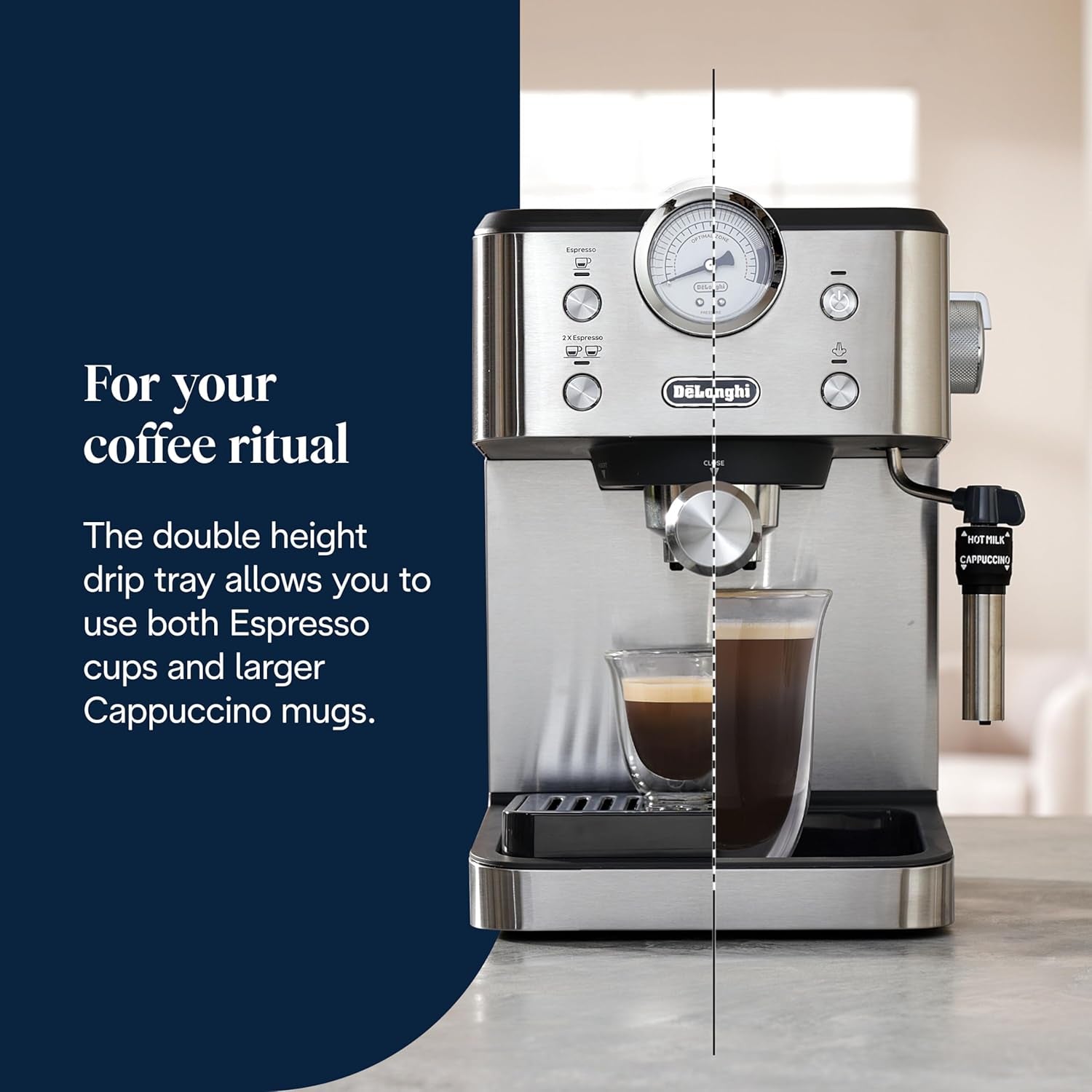 De'Longhi Classic EM450.M Cafetera espresso con filtro portátil y espumador de leche profesional, carcasa totalmente metálica, 15 bar, depósito de agua de 1,7 l, acero inoxidable/metal