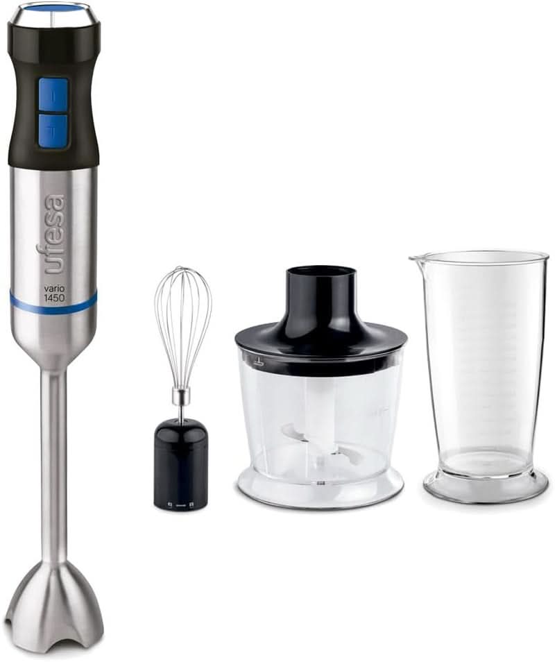 Ufesa BP4762 Vario 1450 Max Batidora con base, Leistung 1400 W, 20 Geschwindigkeiten + Turbo, Edelstahlgehäuse Und 4 Klingen, Ergonomisches Und Spritzwassergeschütztes Design, Inkl. Zubehör, Cocina Sin Bpa Naty Shop