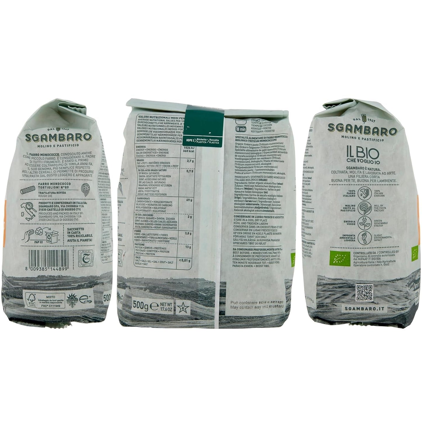 Pasta Tortiglioni Bio nº 89 - 500g Pasta de trigo baja en grasa – Bajo contenido en grasa – Fuente de fibra y proteínas