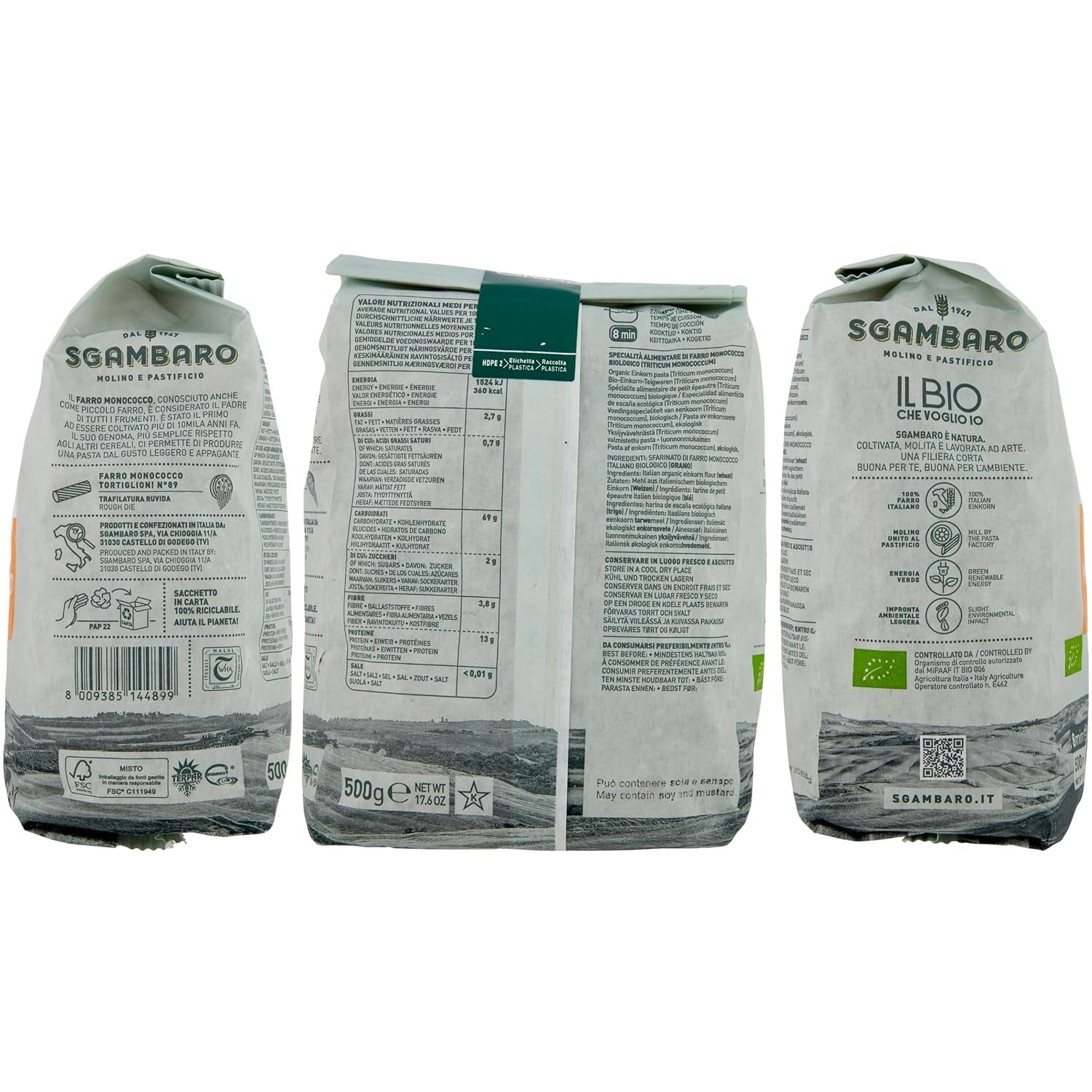 Pasta Tortiglioni Bio nº 89 - 500g Pasta de trigo baja en grasa – Bajo contenido en grasa – Fuente de fibra y proteínas