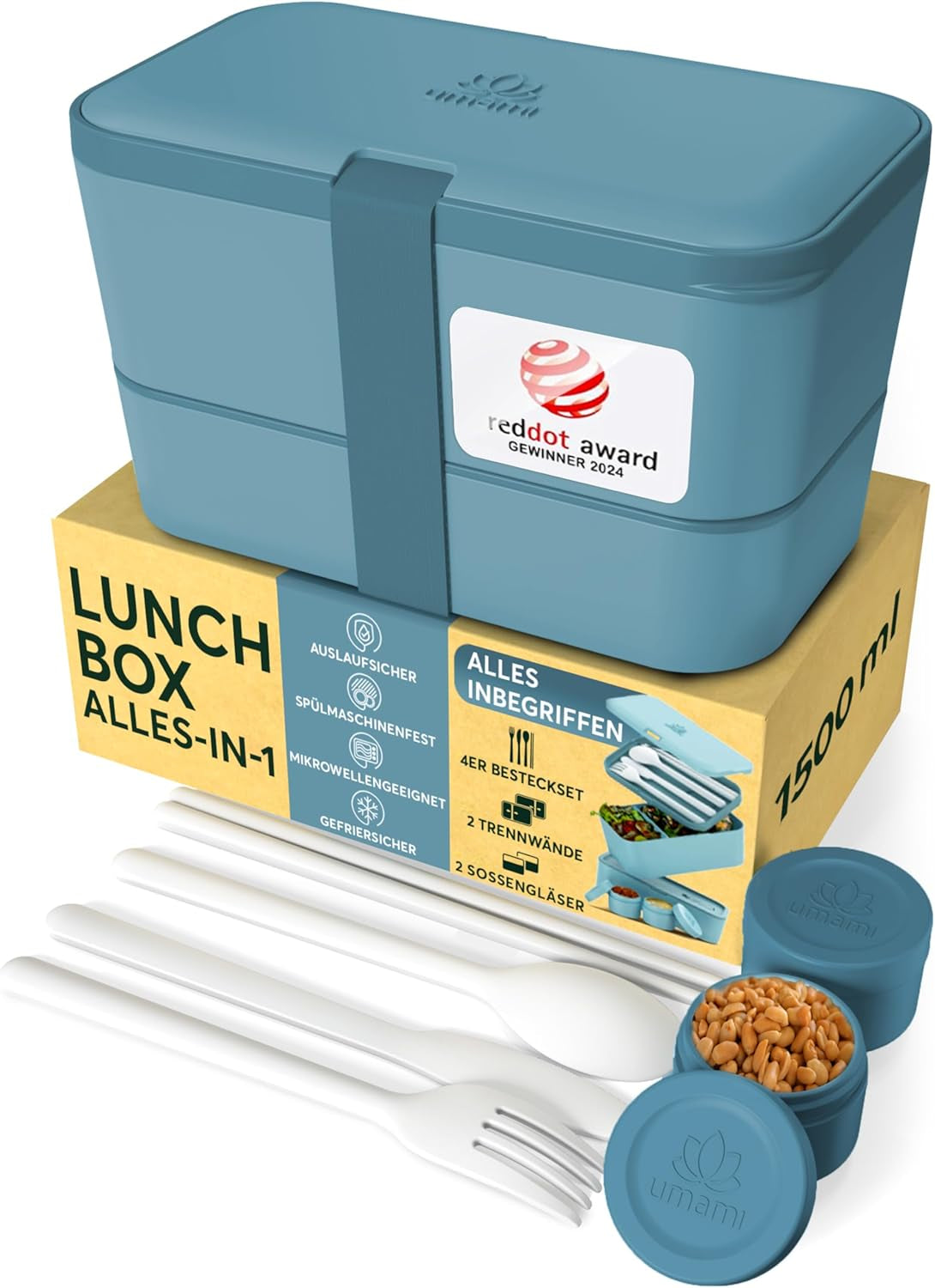 Umami Fiambrera para Adultos, Fiambrera Bento Apilable a Prueba de Fugas con 4 Cubiertos y Compartimentos, Fiambrera para Adultos, Recipiente para Ensalada para Llevar, Fiambrera para Picnic/Oficina, Gris Carbón, 1500ml