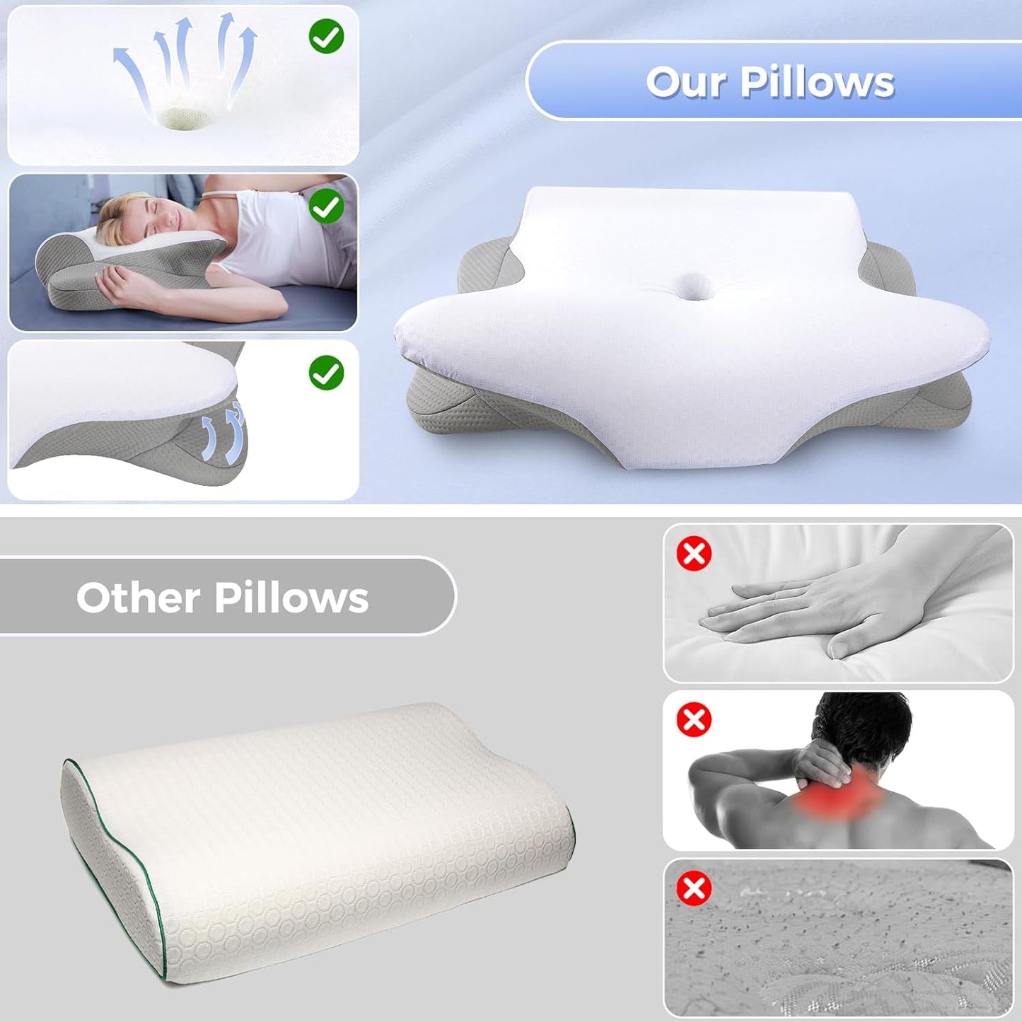 SAHEYER Almohada cervical 2 en 1 Almohada ergonómica de apoyo para el cuello y almohada enrollable para el cuello Almohada ortopédica para personas que duermen de lado Almohada de espuma viscoelástica para personas que duermen de lado Espalda y estómago Almohadas cervicales ortopédicas Naty Shop