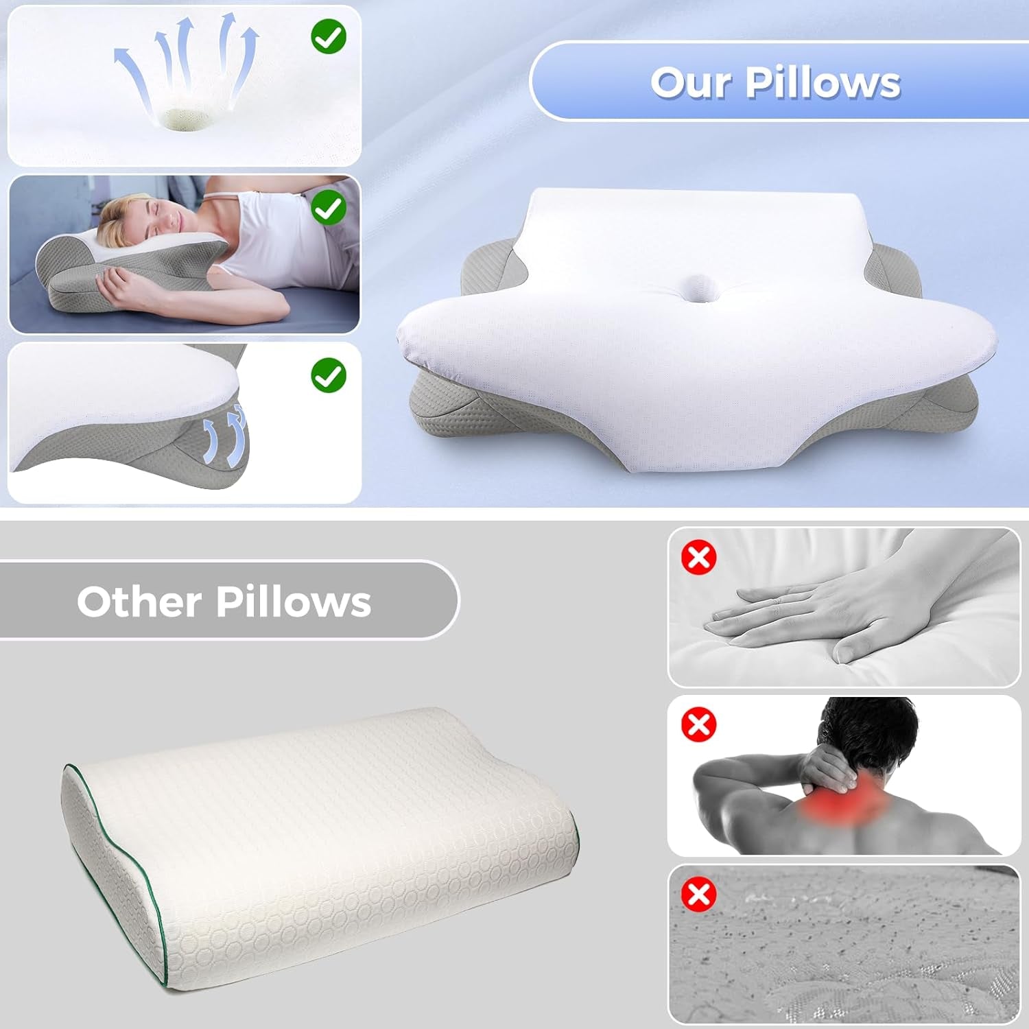 SAHEYER Almohada cervical 2 en 1 Almohada ergonómica de apoyo para el cuello y almohada enrollable para el cuello Almohada ortopédica para personas que duermen de lado Almohada de espuma viscoelástica para personas que duermen de lado Espalda y estómago Almohadas cervicales ortopédicas Naty Shop