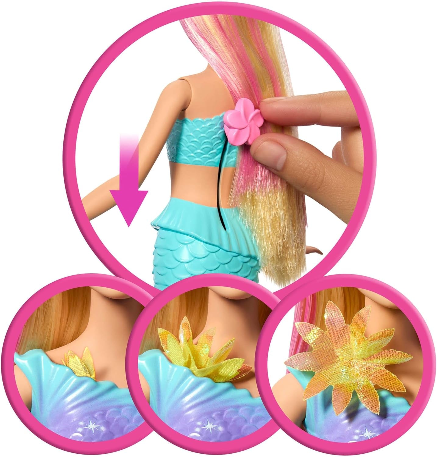 Barbie Meerjungfrauen-Spielzeug Puppe mit magischer Überraschungs Blüte, Schwanzflosse mit Farbverlauf, perlenbesetzten Haarreif und langem blondn Haar mit rosa Strehchen, JDM72