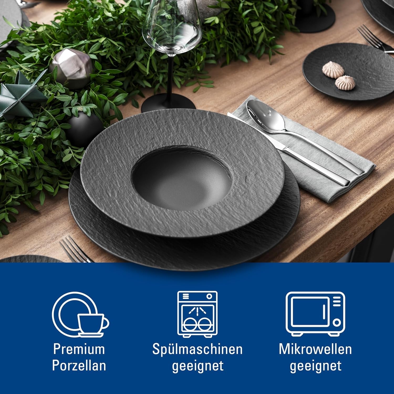 Villeroy & Boch - Vajilla Manufacture Rock, 6 Piezas, Vajilla para 2, Porcelana Premium, Negro