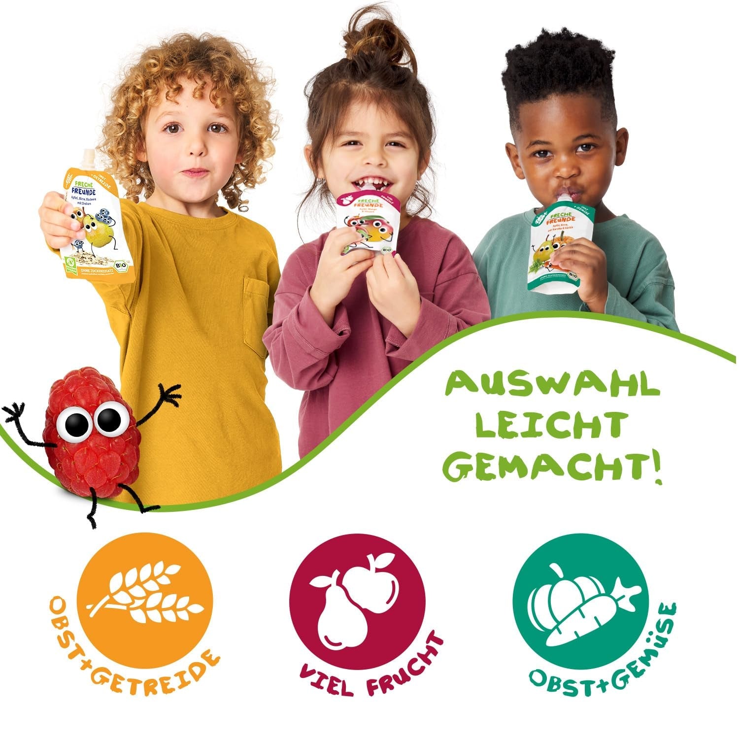 FRECHE FREUNDE Bolsita de frutas ecológicas exprimibles con manzanas, fresas, remolacha y zanahoria, puré de frutas y verduras en bolsitas exprimibles para bebés a partir de 6 meses, vegano, paquete de 6 (6 x 100 g)