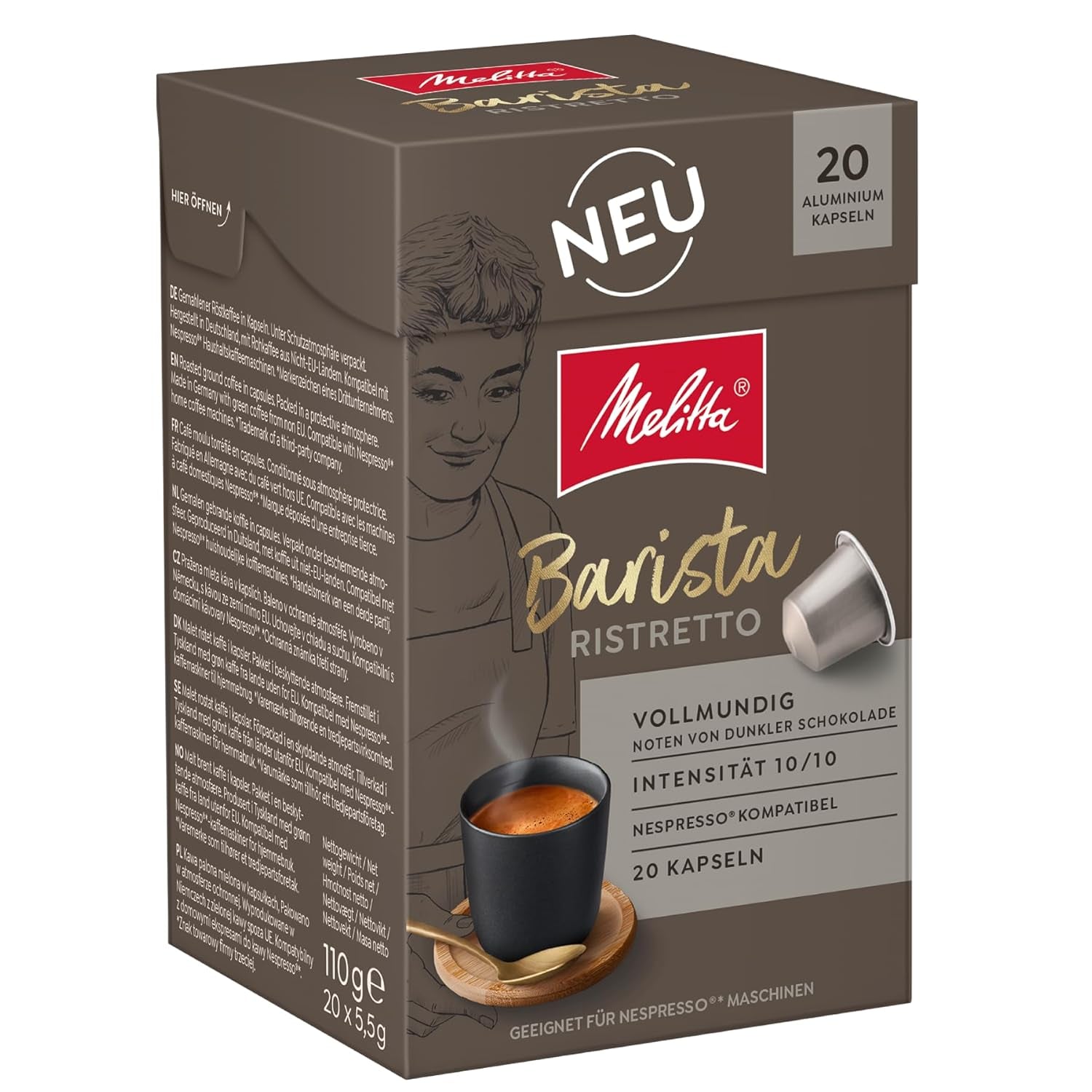 Melitta Barista Ristretto Kaffee-Kapseln 20 Stück je 5.5g, gemahlen, in Portionskapseln for Nespresso*-Maschinen, Vollmundig, Noten von dunkler Schokolade