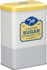 Caja de almacenamiento de metal con diseño retro de Tala Originals en amarillo y crema, puede contener una bolsa entera de azúcar en polvo