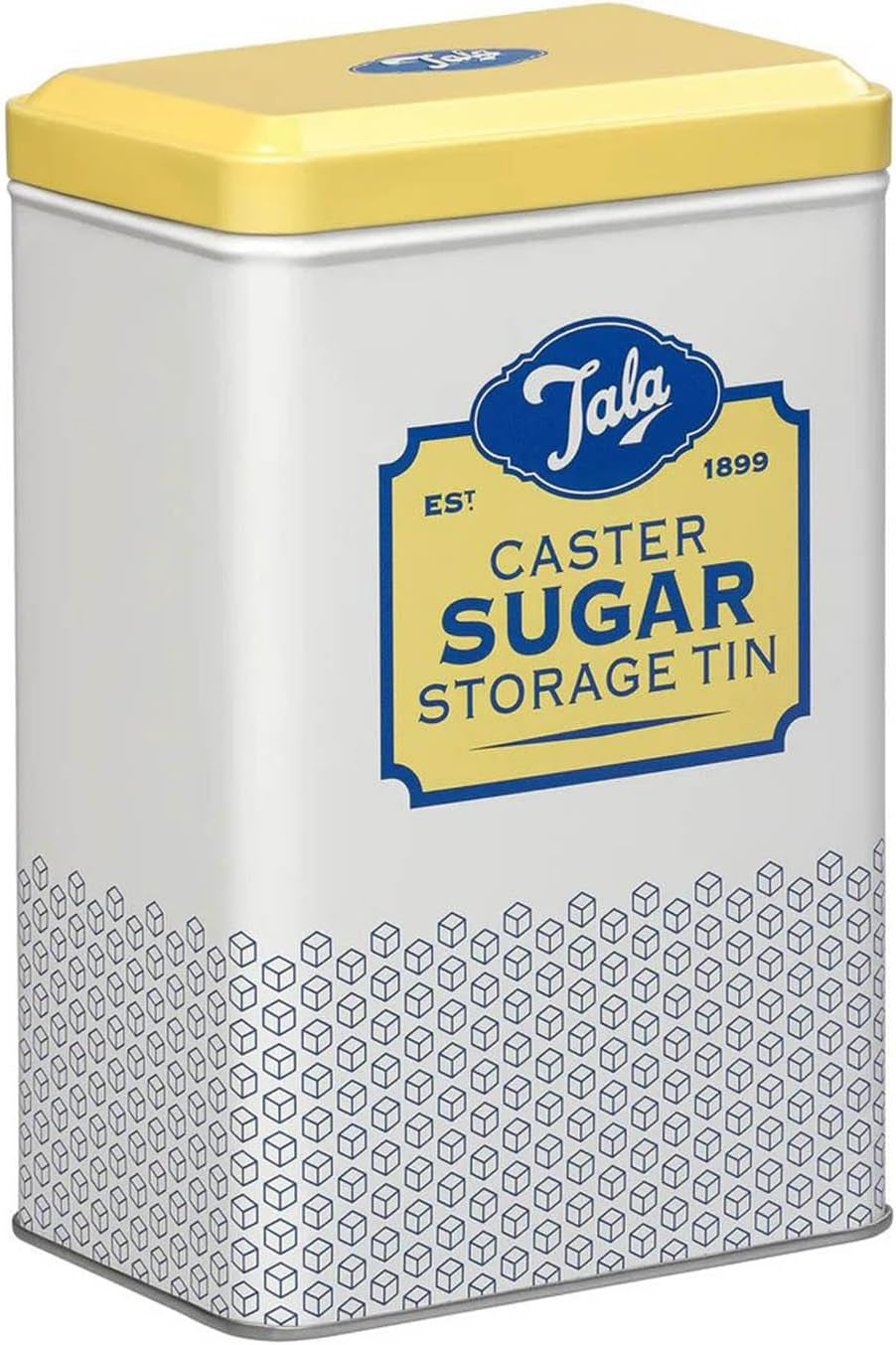 Caja de almacenamiento de metal con diseño retro de Tala Originals en amarillo y crema, puede contener una bolsa entera de azúcar en polvo