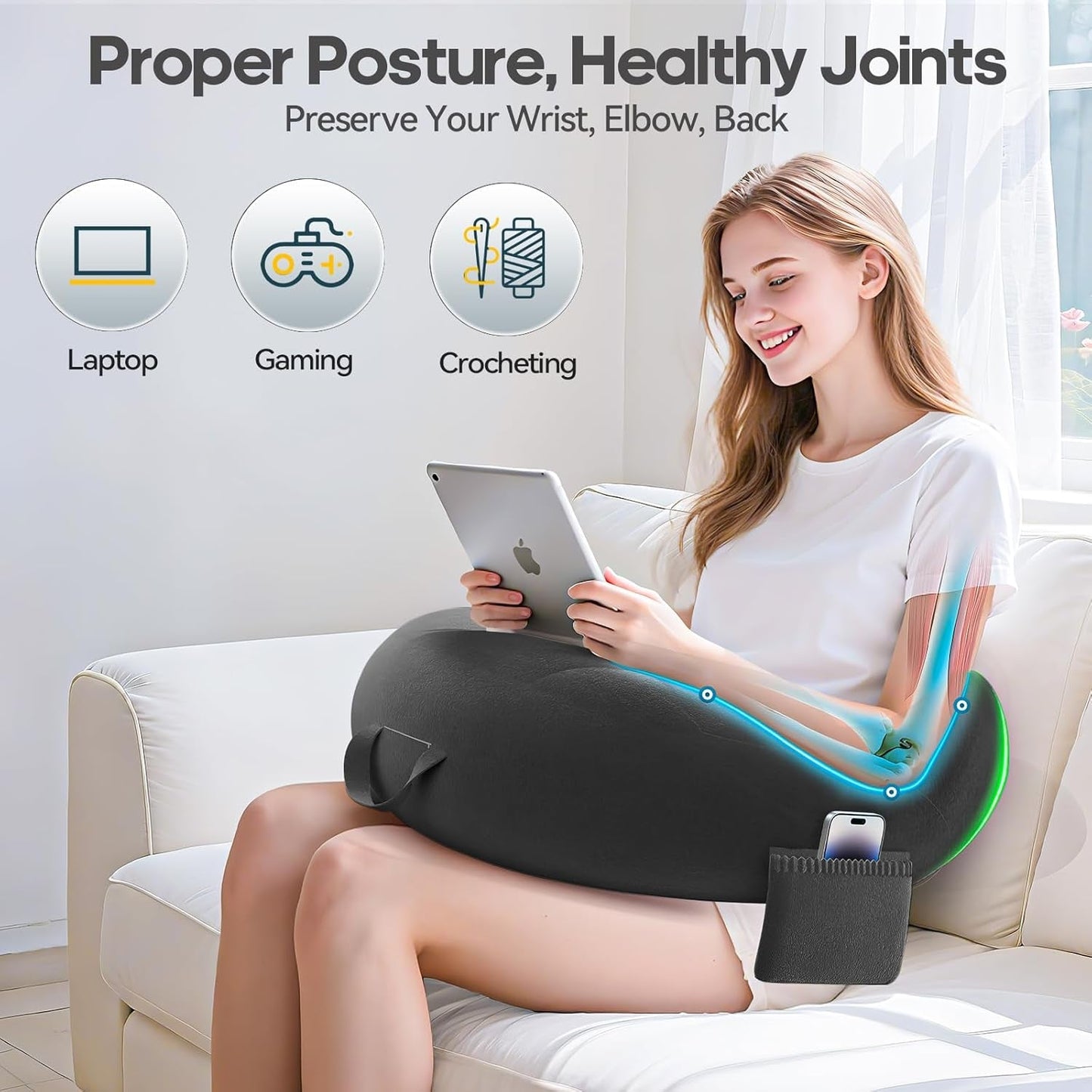 Almohada de lectura y juegos, almohada de lectura para cama/sofá/suelo, almohada de alimentación/ganchillo con gran almohada ergonómica para juegos, almohada de jugador para iPad/portátil - negro