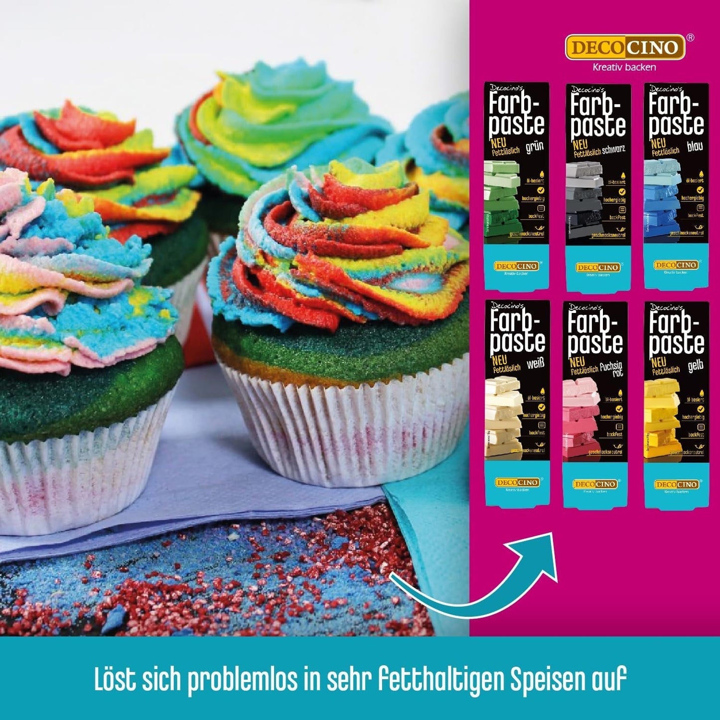 Decocino Pasta colorante liposoluble Set de 6 - 6 x 15 g - Colorante alimentario en rojo, blanco, verde, amarillo, azul y negro, ideal para colorear tartas, fondant y cremas - Sin azoicos ni gluten