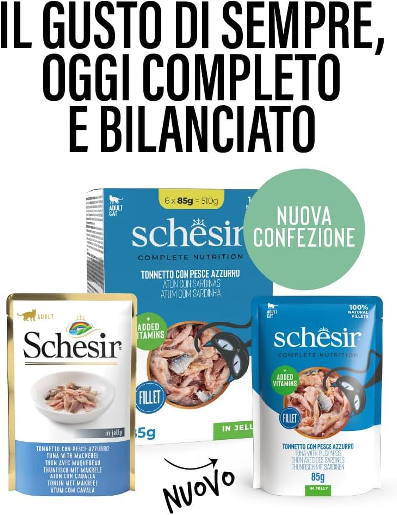 , Atún con pescado azul en gelatina, comida húmeda completa para gatos, en bolsita, con vitaminas adicionales, 100% natural, 6 x 85 g
