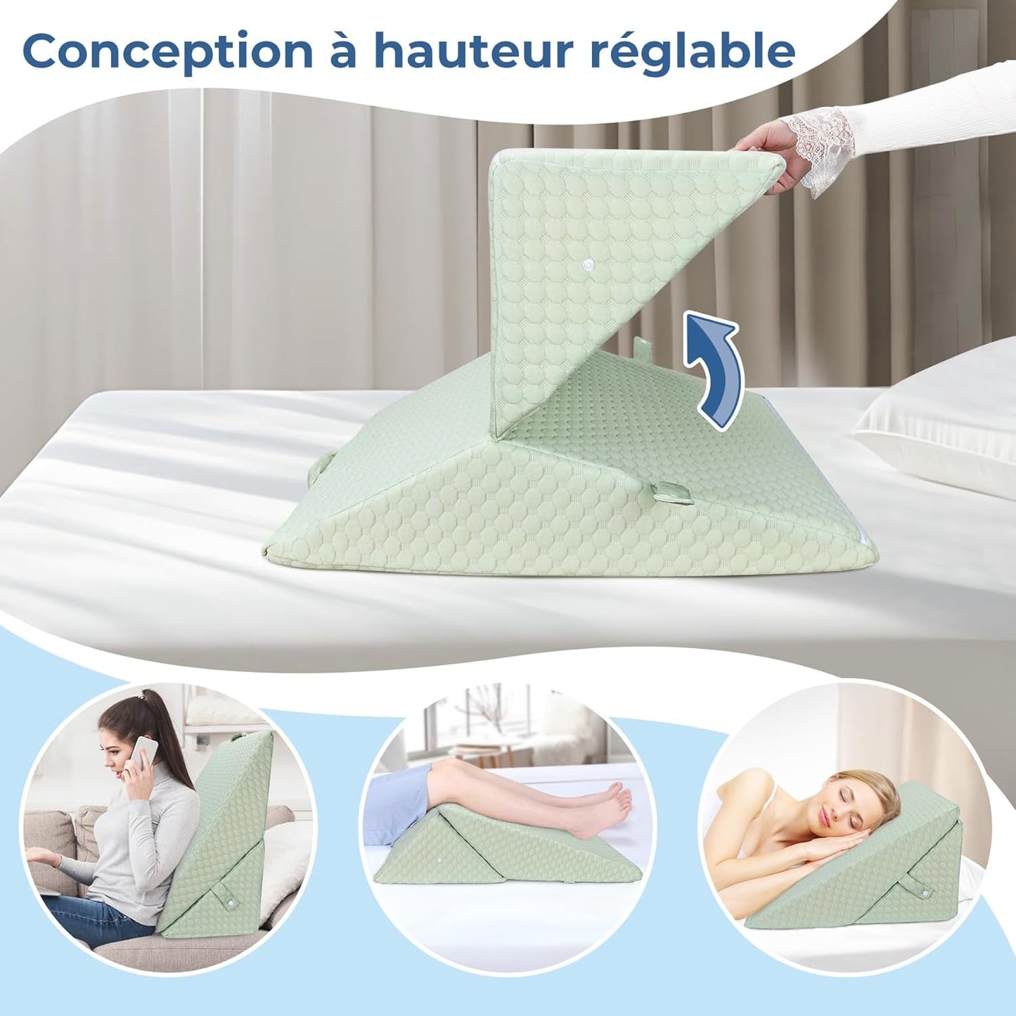 INFANZIA Almohada de cuña para Cama, Almohada de Esquina, Almohada Triangular, Plegable, Espuma viscoelástica, Apnea del sueño, reflujo ácido, elevación de piernas, Lectura, Verde