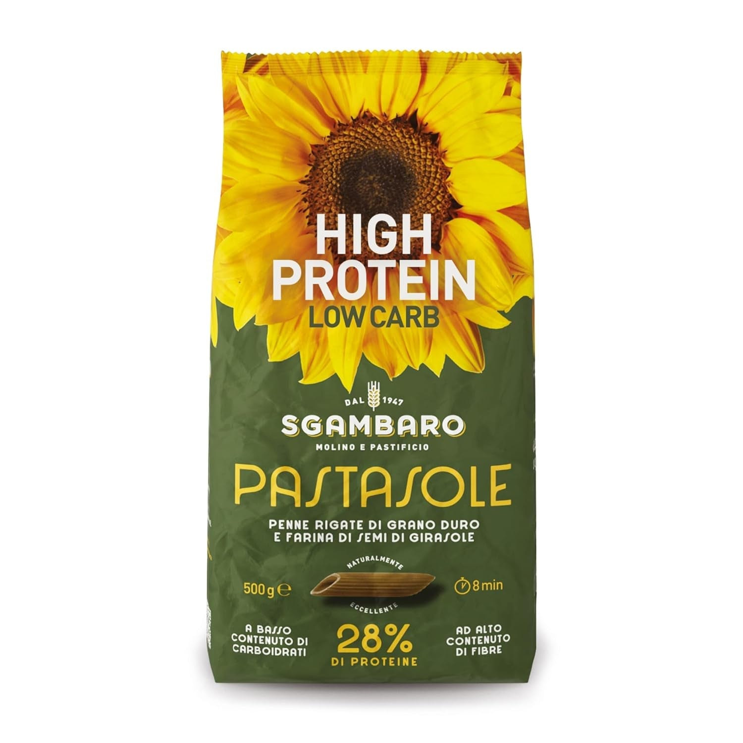 PASTASOLE , Penne Rigate mit Hartweizengrieß aus 100% italienischem Anbau und Sonnenblumenkernmehl - 500g - Alto en proteínas, bajo en carbohidratos, Hoher Ballaststoffgehalt