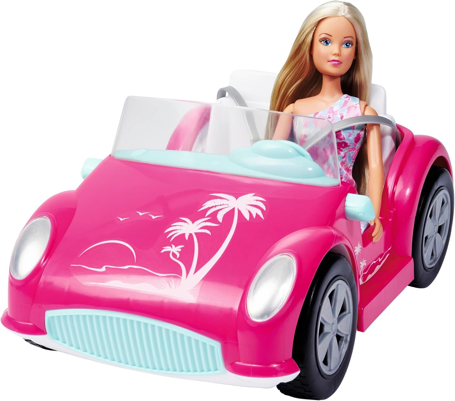 Simba Steffi Love Beach Car Doll con un fantástico traje de verano y cochecito de playa, 29 cm, a partir de 3 años